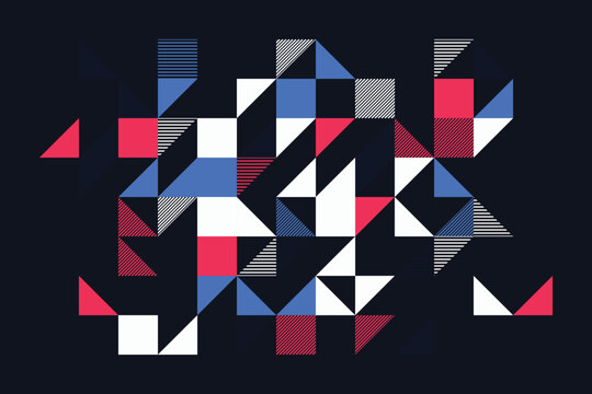Geometric pattern of triangles and squares in red, blue, and white on dark background abstract