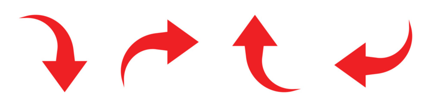 Curved arrows icon on white background. Web arrow down, up, left and right red curved arrows flat icon on white background. Vector illustration.