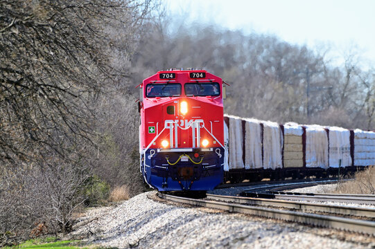 A Canadian Pacific Kansas City freight train, led by a specially painted locomotive that honors America's 250th year anniversary.