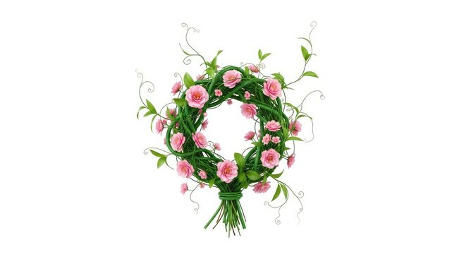 Elegant botanical arrangement featuring delicate pink blossoms and emerald green vines weaving together in a lush, natural pattern design, wallpaper, natural, garden