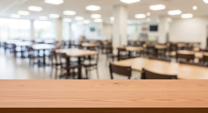 Empty natural wood tabletop in focus with a soft blurred background of a modern cafeteria dining hall and bright indoor lighting setup, service, indoor, table