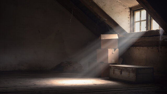 ​Moody volumetric light piercing through a small window in a dark rustic barn. Perfect for storytelling themes of solitude, hope, inheritance, and the quiet atmosphere of ancient storage spaces.