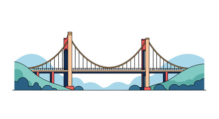 Obraz premium Stylized illustration of a suspension bridge spanning across water with hills in the background, featuring a clean vector art style.