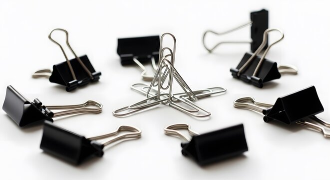 Group of black metal binder clips arranged in a circle around silver paper clips on desk top