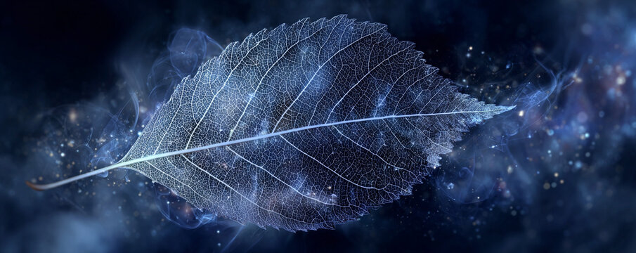 Ethereal leaf skeleton illuminated with cool starlight over dark navy haze 32k ultra HD