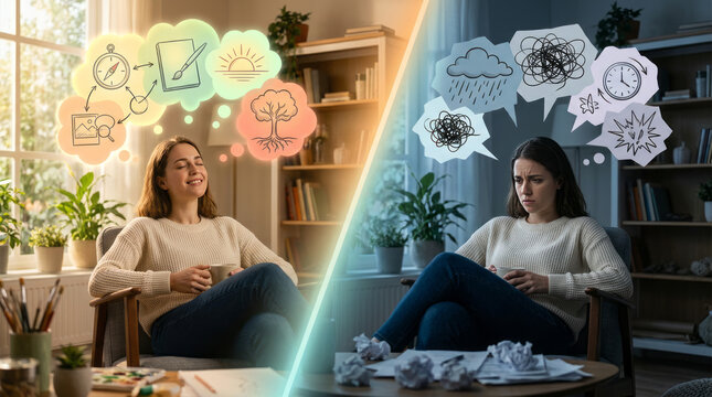 Positive mindset negative mindset woman mental health anxiety stress depression contrast young adult living room positive mindset negative mindset