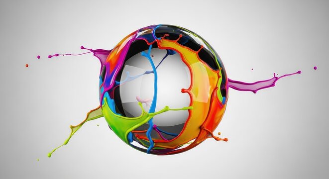 Una esfera de cristal transparente y brillante cubierta por salpicaduras din&aacute;micas de pintura multicolor sobre un fondo limpio y neutro, colorful, object, pigment