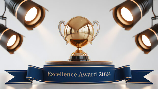 Golden trophy for excellence award 2024 on a pedestal under spotlights with first place trophy cup gold medal champion award excellence champion competition achievement recognition business
