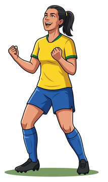 Football Victory: An illustration of a female athlete ecstatically celebrates a goal. Clenched fists and joyous expression capturing the thrill of winning, embodies pure sportsmanship