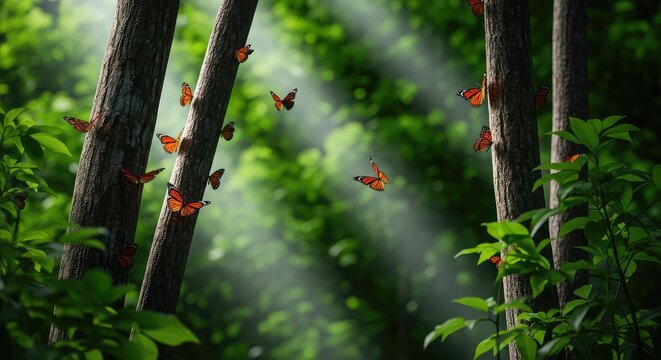 Vibrantes mariposas revolotean entre los troncos de un bosque frondoso bajo rayos de luz solar que se filtran por el follaje verde intenso, flora, natural, sereno