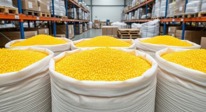 Yellow plastic resin pellets in open sacks stored on pallets in a manufacturing warehouse background showing industrial supply storage area, plastic, resin, chemical