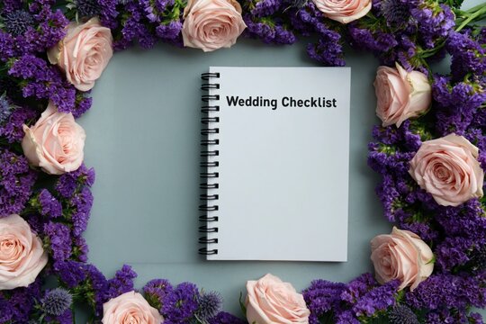 Wedding checklist notebook surrounded by floral frame