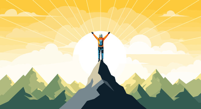 Climber Celebrating Success on Mountain Peak at Sunrise