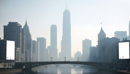 Naklejka premium A wide view of a city skyline shrouded in thick fog and smog, featuring a prominent central skyscraper, a large arched bridge over a river, and blank white billboards on buildings.