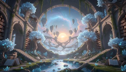 Obraz premium Surreal fantasy library interior with blue glowing trees, floating islands visible through a large circular stone window at sunset, scattered books, and crystal-filled river.