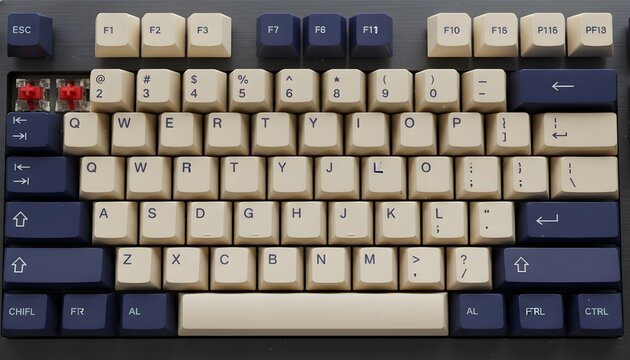 Close-up overhead view of a custom mechanical keyboard featuring cream and navy blue keycaps with exposed red linear switches on the left side and a dark grey textured base plate.