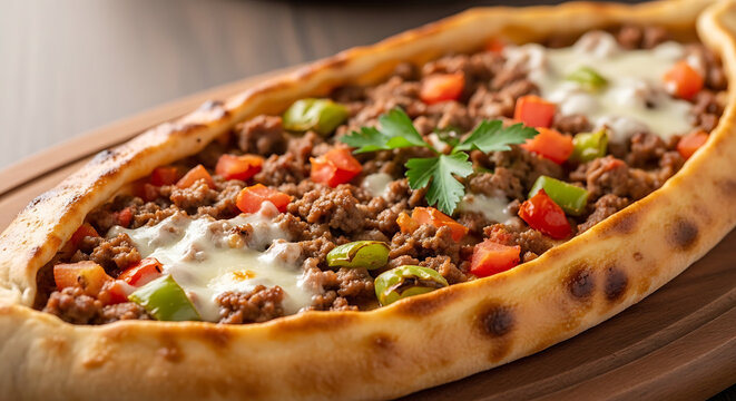 Delicious turkish pide bread with minced meat and vegetables on a wooden board