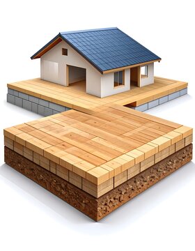 House on layered wooden foundation ground.