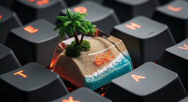 Miniature Tropical Island on Keyboard Keys Creative Travel Concept