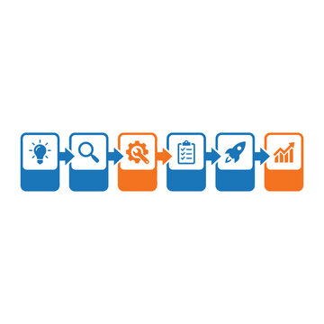 Project workflow steps icon, idea to deployment, tasks documents cloud storage analytics, process mapping workshop, productivity improvement session, vector illustration