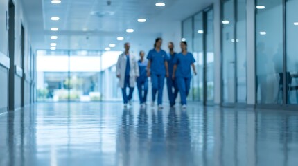 Fototapeta premium Medical team walking down bright hospital corridor modern clinic hallway with reflective floor and ceiling lights showing doctors nurses in blue scrubs teamwork caring professionals unified approach.
