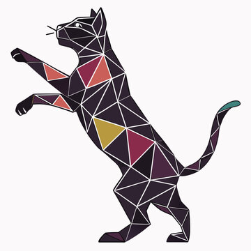 Polygonal cat reaching up with colorful patterns.