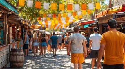 Obraz premium Street market filled with walking people and colorful banners