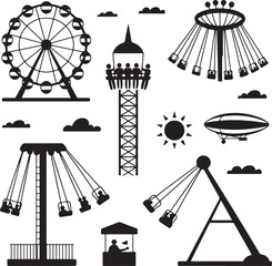 Amusement park pictogram set. Fun and entertainment outdoors. Roller coaster and adrenaline rides. © HARUN