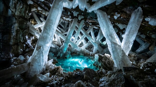 Massive translucent selenite crystals forming a complex structure around a glowing turquoise pool inside a dark, mysterious underground cave