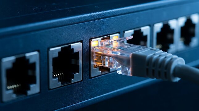 Close up ethernet cable plugged into network switch port with amber blinking light indicating active connection technology concept.