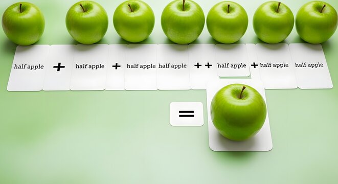 Bright green apples are arranged with cards showing an addition problem of half apples
