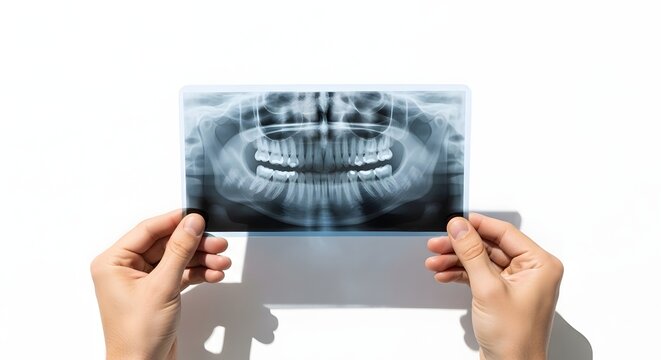 Persons hands hold up a panoramic dental Xray showing a full set of teeth and jaw structure