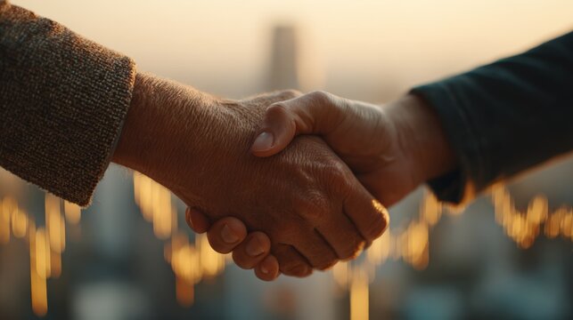 Cinematic Handshake Between Business Professionals in Penthouse Office with Data Streams