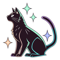 Black cat sitting with colorful sparkles and outlines. © Ella