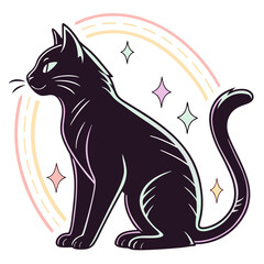 Sitting black cat with colorful pastel rainbow and stars. © Ella