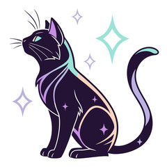 Black mystical cat with magic glow and bright stars. © Ella