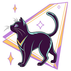 Black mystical cat with geometric background elements. © Ella