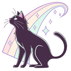 Black celestial cat sitting against pastel rainbow. © Ella