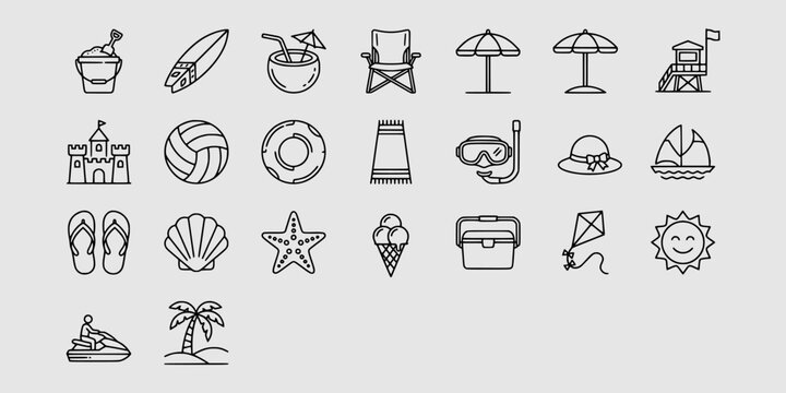 Icon set collection of tropical beach vacation and summer holiday elements, including seaside activities, water sports, and sun protection gear.