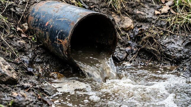 Old rusty industrial drainage pipe dumping dark murky wastewater into muddy soil landscape causing severe environmental pollution and contamination of local land.