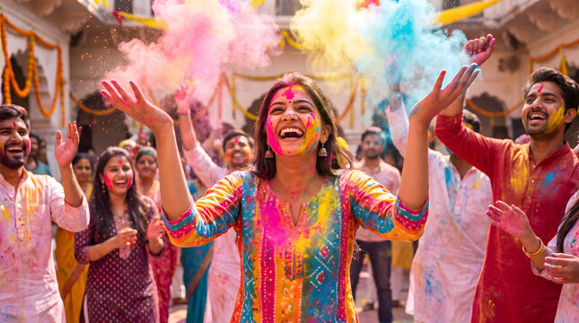 A joyful woman is celebrating Holi with her friends, throwing colorful powders in the air.