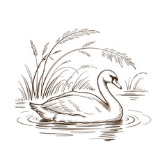 Hand drawn swan swimming on pond water with reeds for nature wildlife and scenery vector © APU