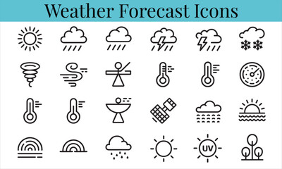 Obraz premium A collection of black and white line art weather forecast icons, including sun, rain, clouds, snow, wind, temperature, and other meteorological symbols.