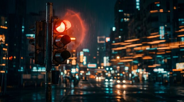 City street at night with blurred lights and traffic signal