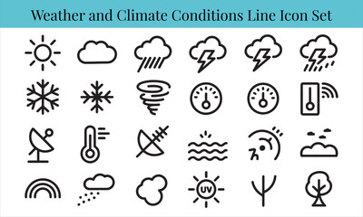 Obraz premium A collection of simple line icons representing various weather and climate conditions, including sun, clouds, rain, snow, storms, and temperature gauges.