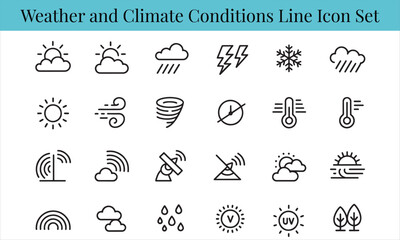 Obraz premium A collection of thin line icons representing various weather and climate conditions, including sun, rain, snow, wind, temperature, and meteorological tools.