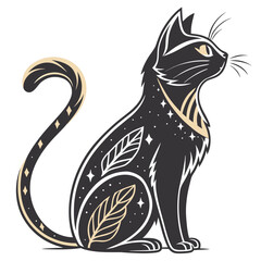 Celestial black cat with moon and stars pattern. © cu