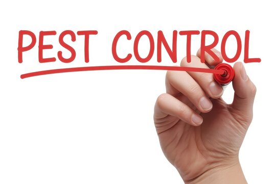 Hand writing pest control text with red marker isolated on white background