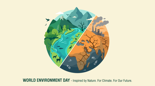 A powerful visual representation for World Environment Day, contrasting the beauty of nature with pollution, emphasizing the need for ecological awareness and action.