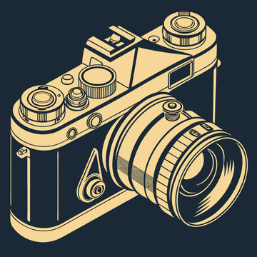 Old-fashioned camera isolated on dark background vector image.